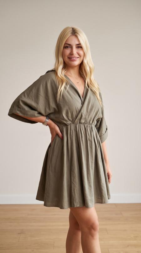 Beli Lastikli Tencel Mini Elbise
