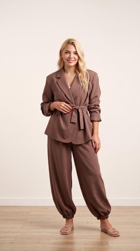 Kuşaklı Blazer Pantolon Takım 