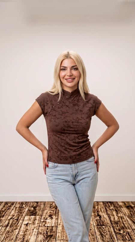 Kahverengi  Düğme Detaylı Bluz